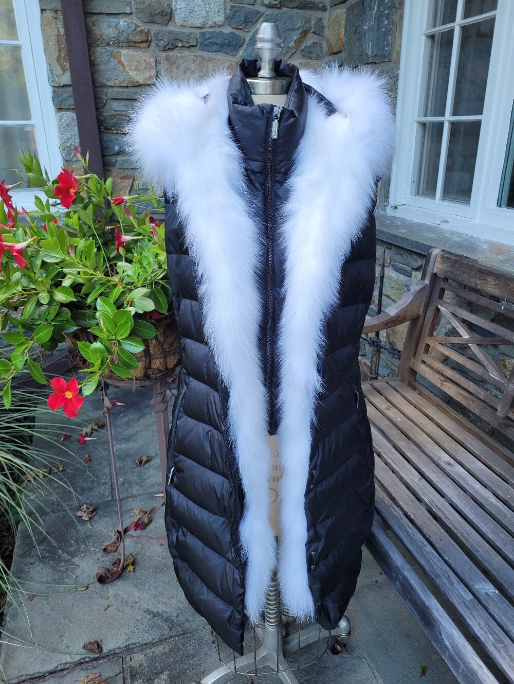 Dawn Levy Long Down Puffer Vest With Real Fox Fur Shawl Collar